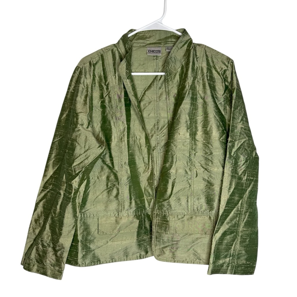 Chico's Women's Green Silk Open Blazer Jacket Size 2 (Large)